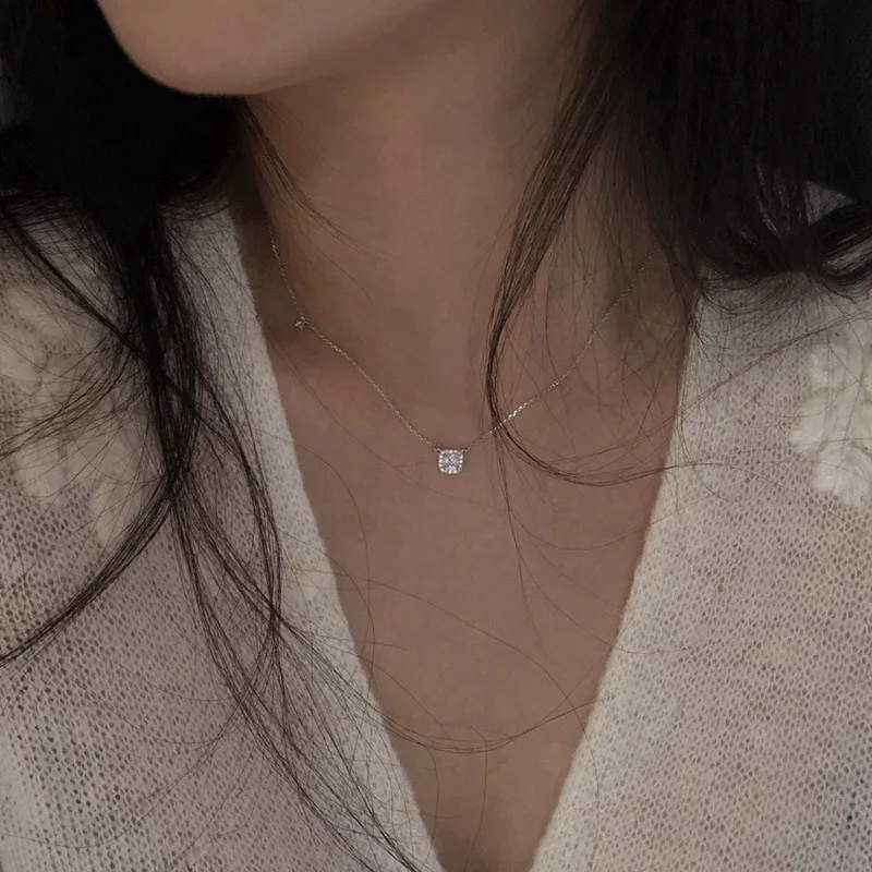 Fashion Temperament 14K Gold Plated 925 Sterling Silver Inlay Square Diamond Necklaces for Women Girls