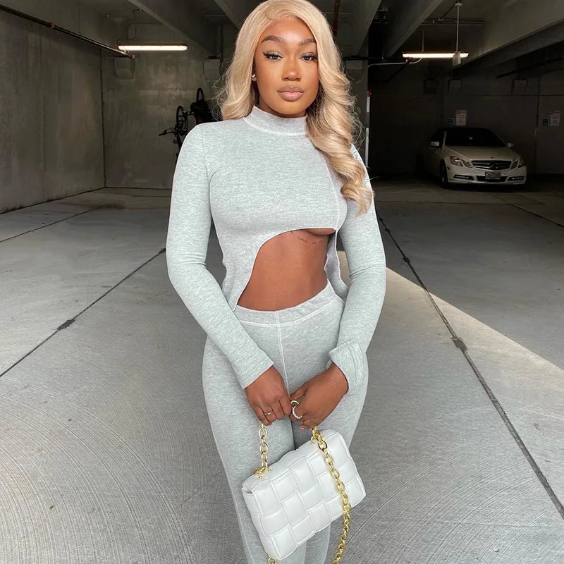 

Boutique Clothing Winter Gray Irregular Umbilical Leaking Casual Two Piece Pants Set for Women