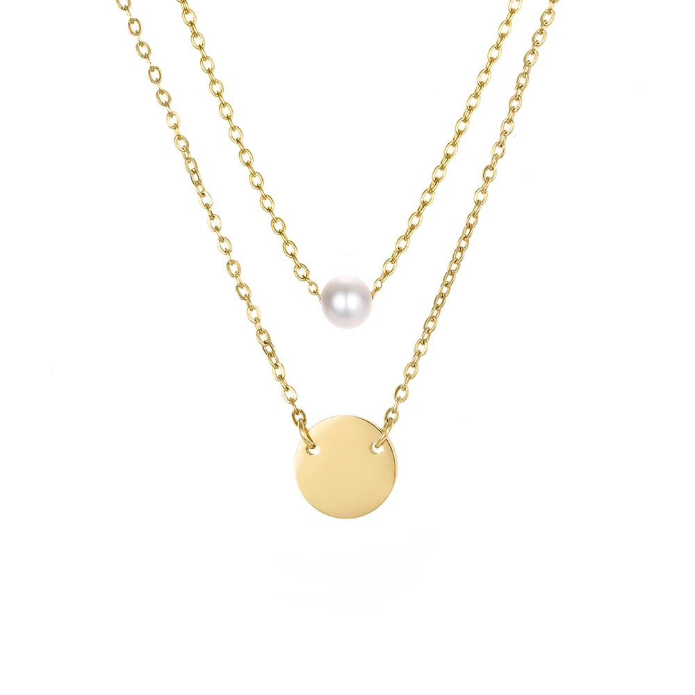 EManco Dainty Double Layered Necklace Stainless Steel Necklace Gold Plated Choker 4mm Pearl Pendant Necklace 2022 Fine Jewelry