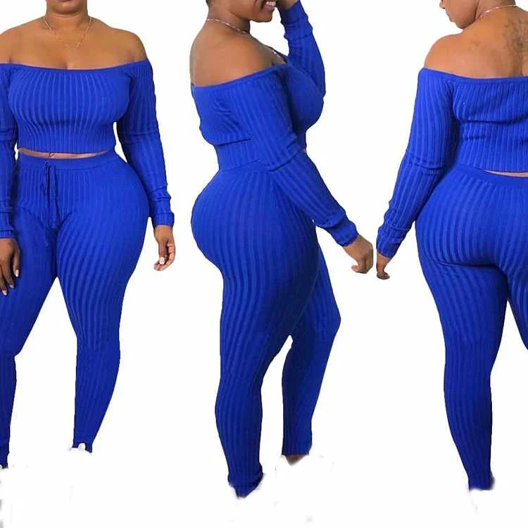 

Casual plain color long sleeve ribbed off the shoulder 2 piece set women