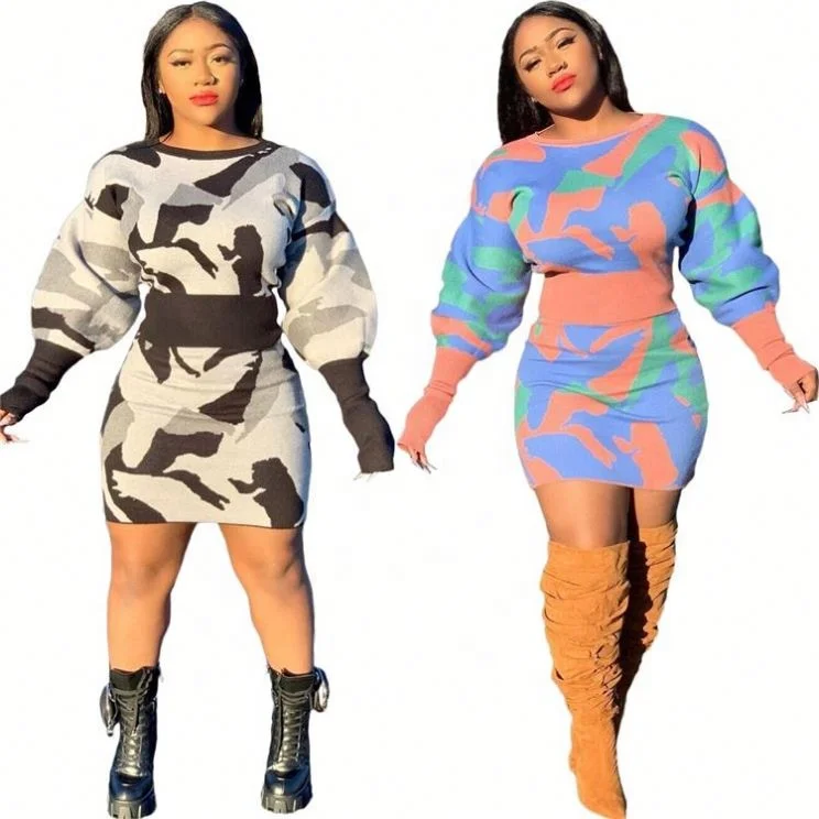 

Lates Design Fashionable Womens Winter Clothing 2021 Casual Print Long Sleeve Women Two Piece Skirt Set