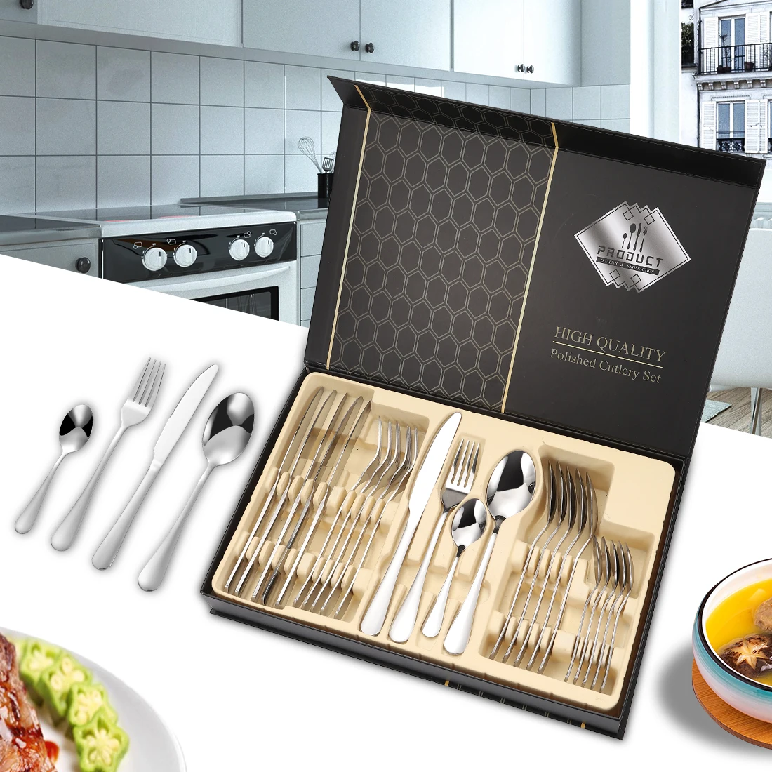 

24 Pieces Silver Knives Spoons and Forks Set Stainless Steel Silverware Catering Crockery Cutlery Flatware Set for 6