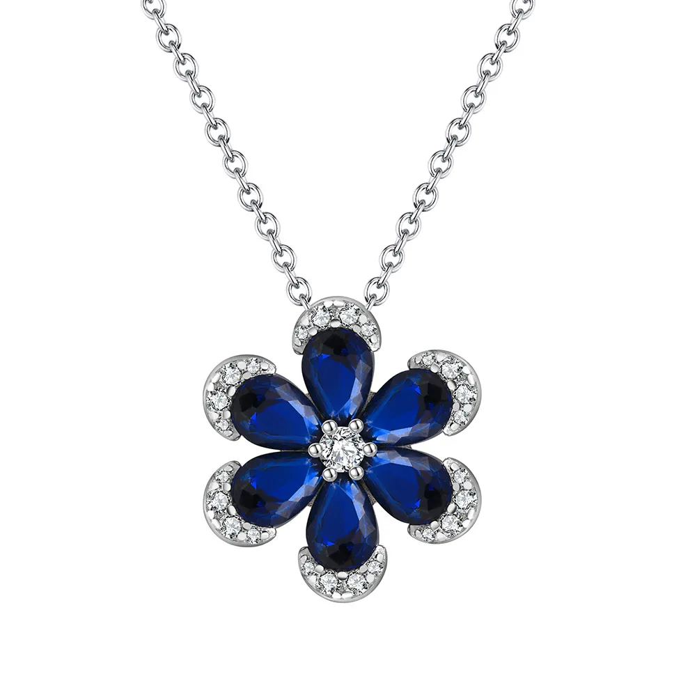 LZN17 RINNTIN Custom 925 Sterling Silver Vintage Style Royal Blue Simulated Sapphire Clear CZ Flower Pendant Necklace for Women