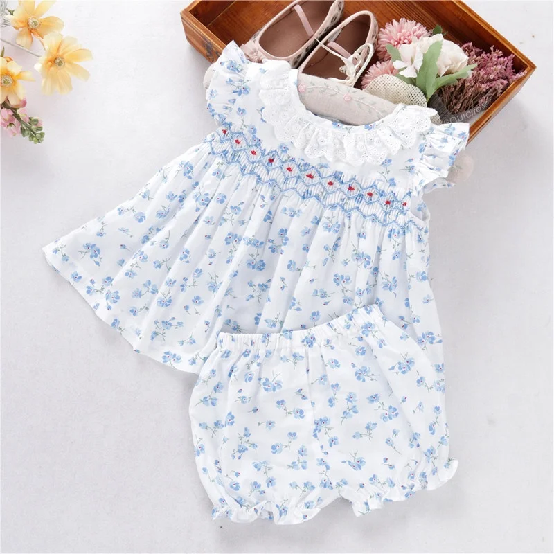 

07765 baby girls' clothes sets smocked hand made pink flower ruffles kids clothing children clothes wholesale