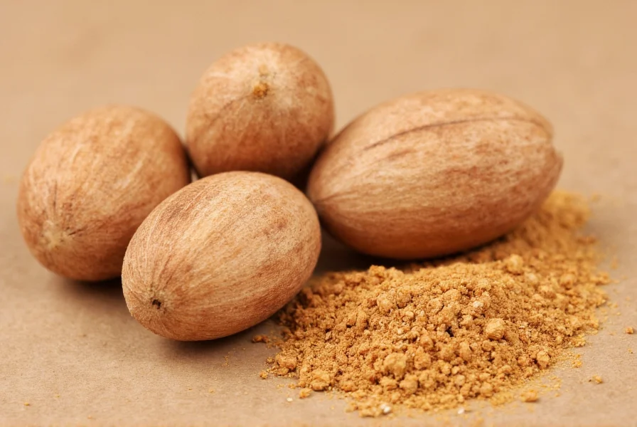 Close-up view of whole nutmeg seeds next to ground nutmeg powder showing the seed structure