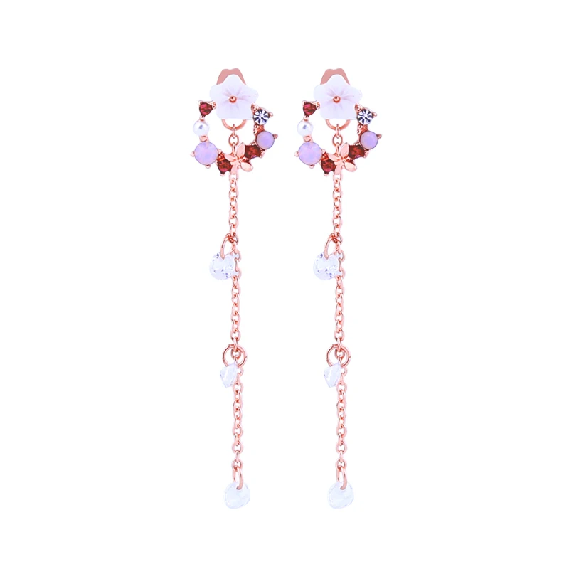 

de98042 Pink Flower Rose Gold Long Chains Geometric Elegant Dangle Stud Earrings Women Long Drop Earrings For Women