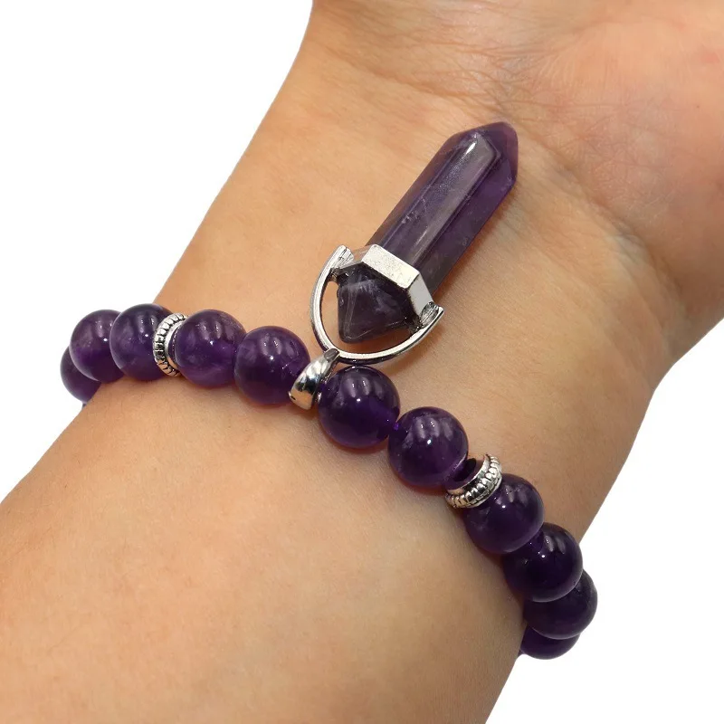 

Hot Selling European Hand-Strung Hexagon Post Bracelet Pink Crystal Tiger Eye & Violet Crystal Agate for Gift Giving