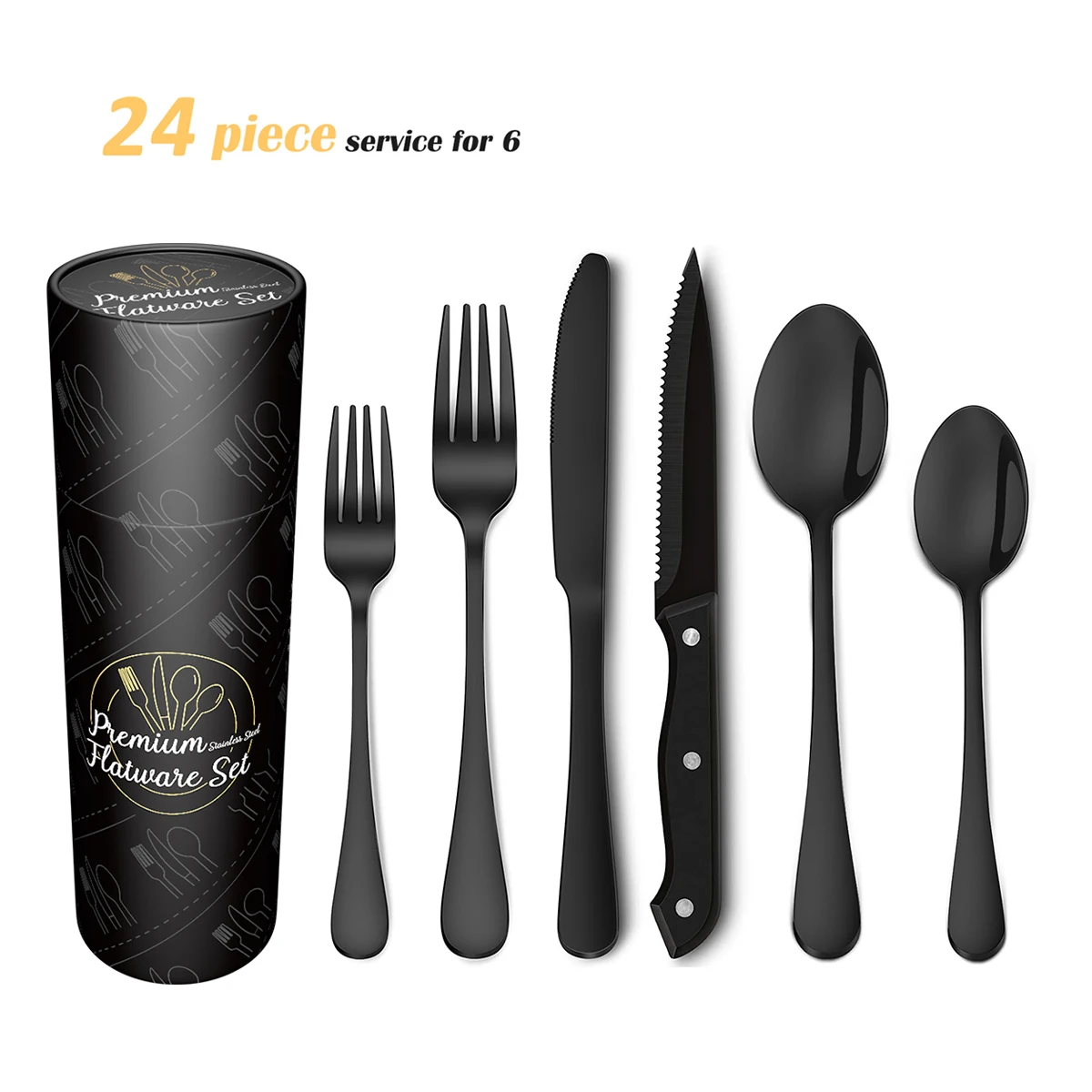 

Wholesale Metal Flatware Gift Hotel Knife Spoon Fork Set With Box Gold Cutlery 24Pcs Stainless Steel Cutlery Set, Black, customized