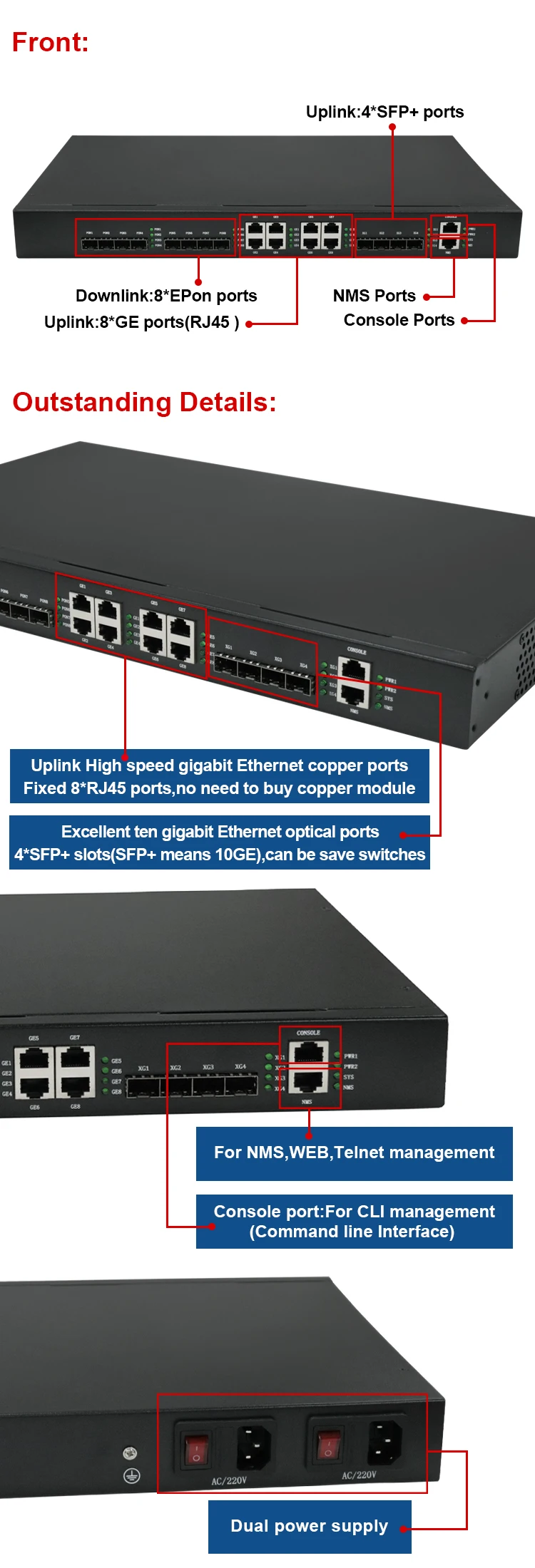 ftth 1u fiber optic gepon olt epon 8 port for bdcom,huawei, zte,fiberhome