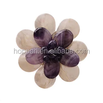 

BRH119 Womens White Shell and Natural Amethyst Stone Handmade Flower Brooch