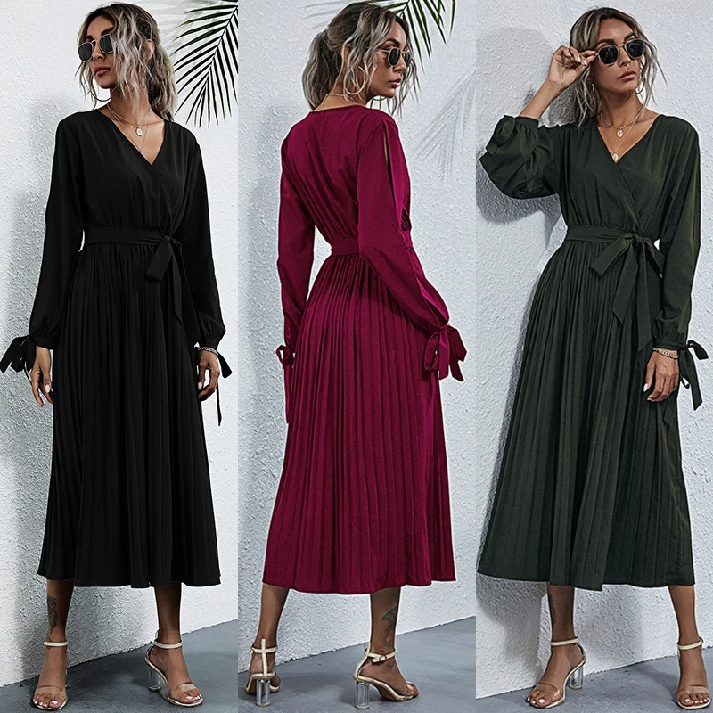 

Simple dress women long sleeve v neck pure color hole church dresses