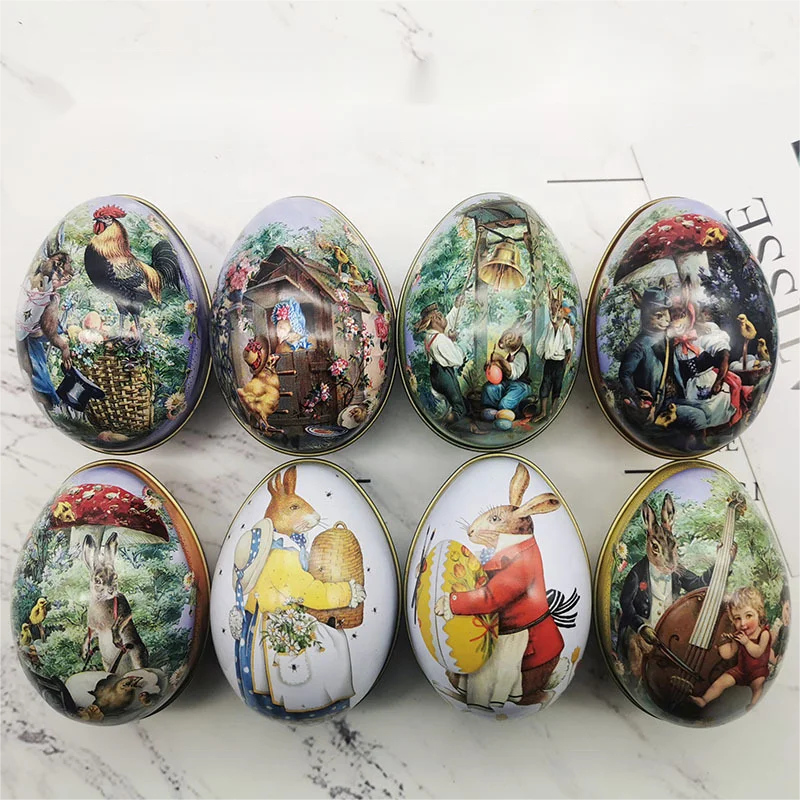 

DAMAI Easter Iron Egg-Shaped Box For Candy Chocolate Packing Tin Box With Bunny Rabbit Family Easter Colorful Egg Ornament