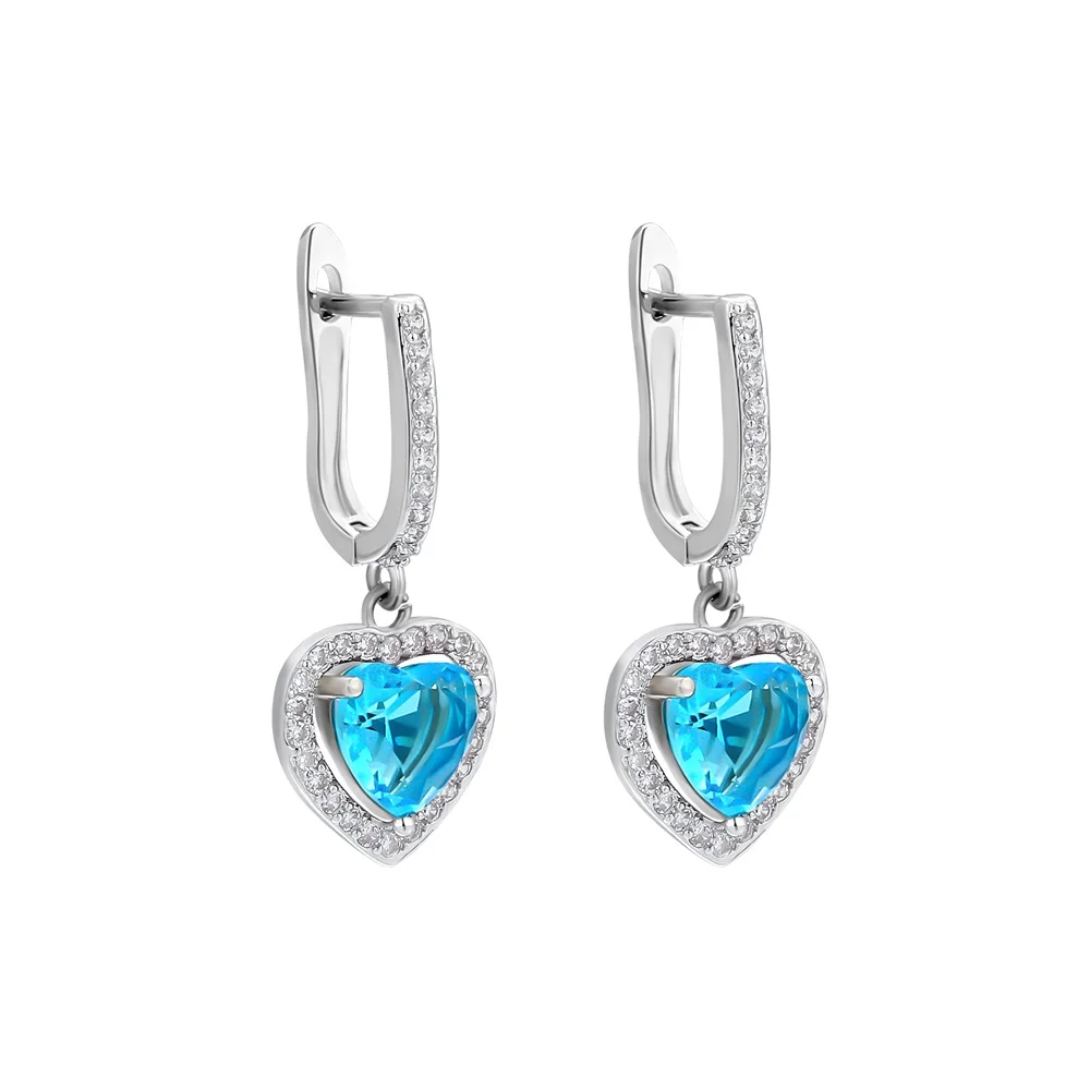 

KRKC September Birthstone Aqua Blue 5A CZ Zircon Gemstone Diamond Heart Dangle Drop Earrings for women