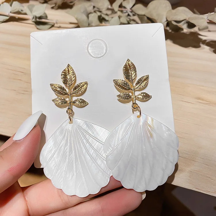 

Dvacaman Trendy Fashion Golden Leaf Drop White Shell Dangle Earrings Jewelry