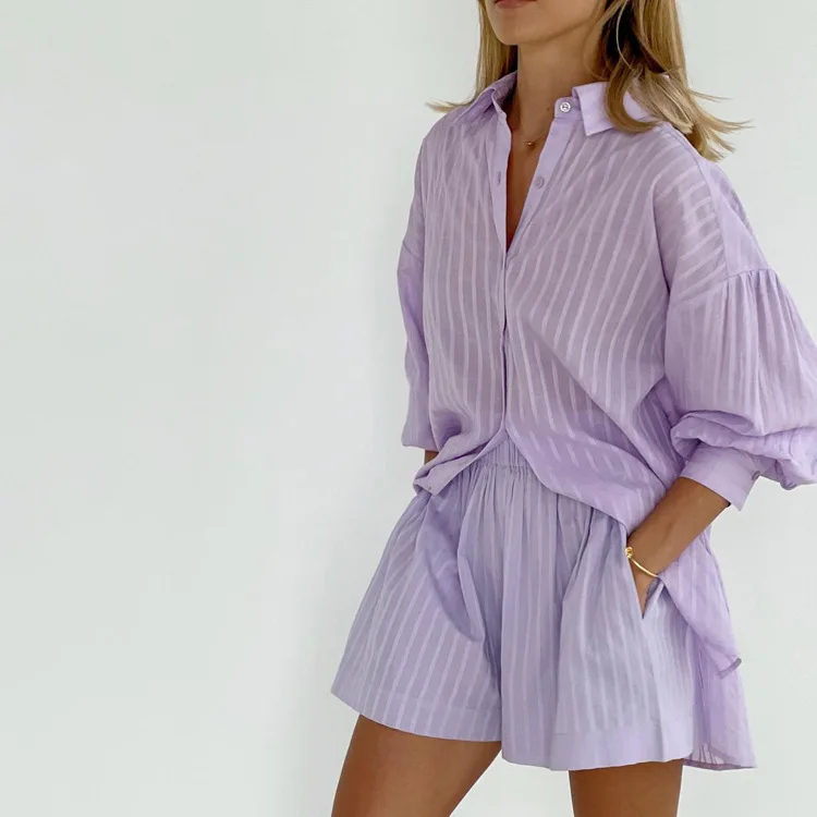 

Lazy Casual Suit Summer Women's Striped Casual Fashion Top Loose High Waist Shorts Design Casual Suit For Ladies