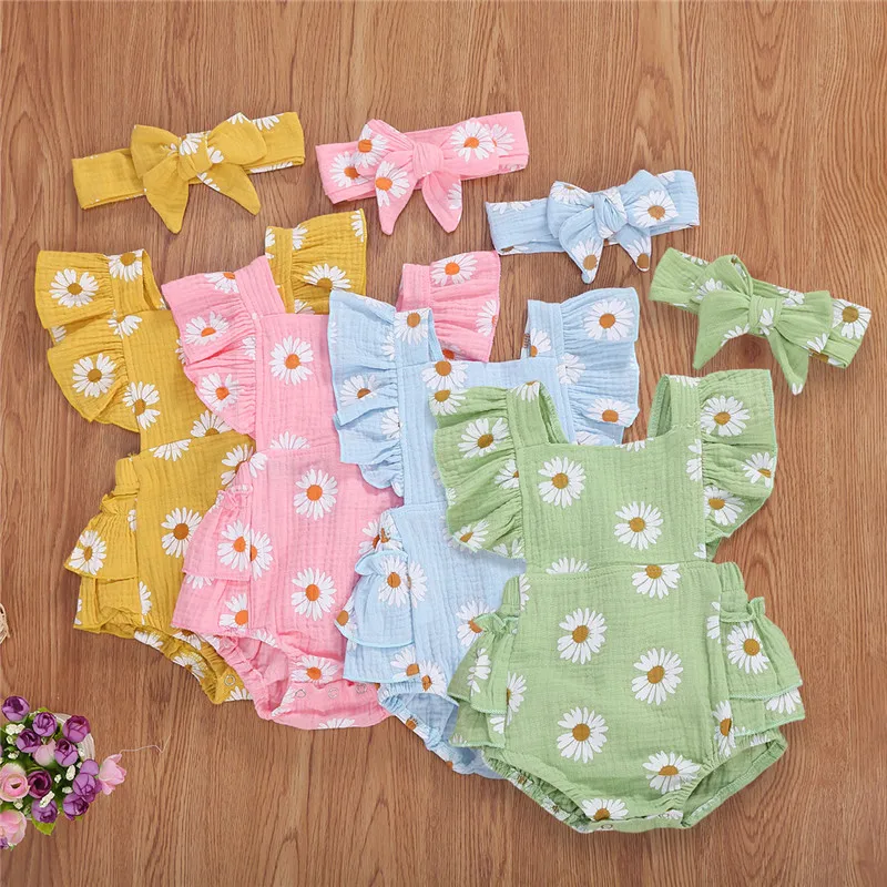 

New 2021 Summer Newborn Baby Girl Clothes Sleeveless Romper Outfits Baby Girl Clothes Printed Floral Romper Jumpsuit +headband