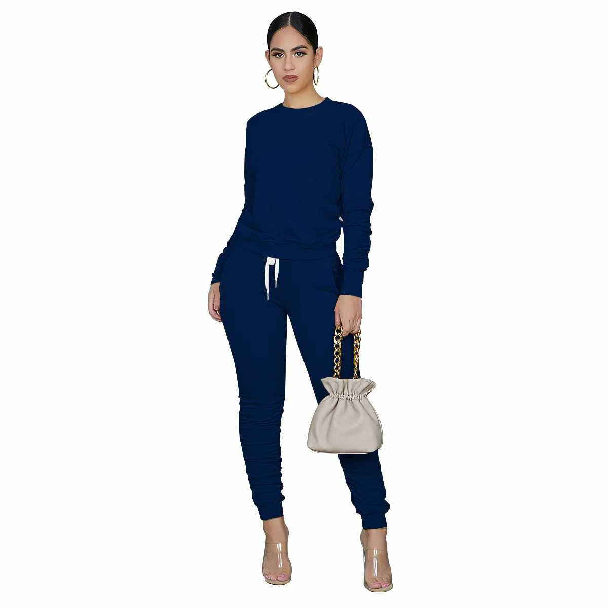 

Pleated Solid Color Sports Set Round Neck Long Sleeves Top And Pants Two-piece Suit Casual Lady Tracksuits Matching Sets