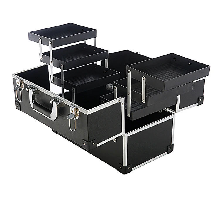 

Portable Black Leather Cosmetic Carry On Makeup Carrying Travel Train Cases Aluminum Make up Organizer Storage Vanity Box