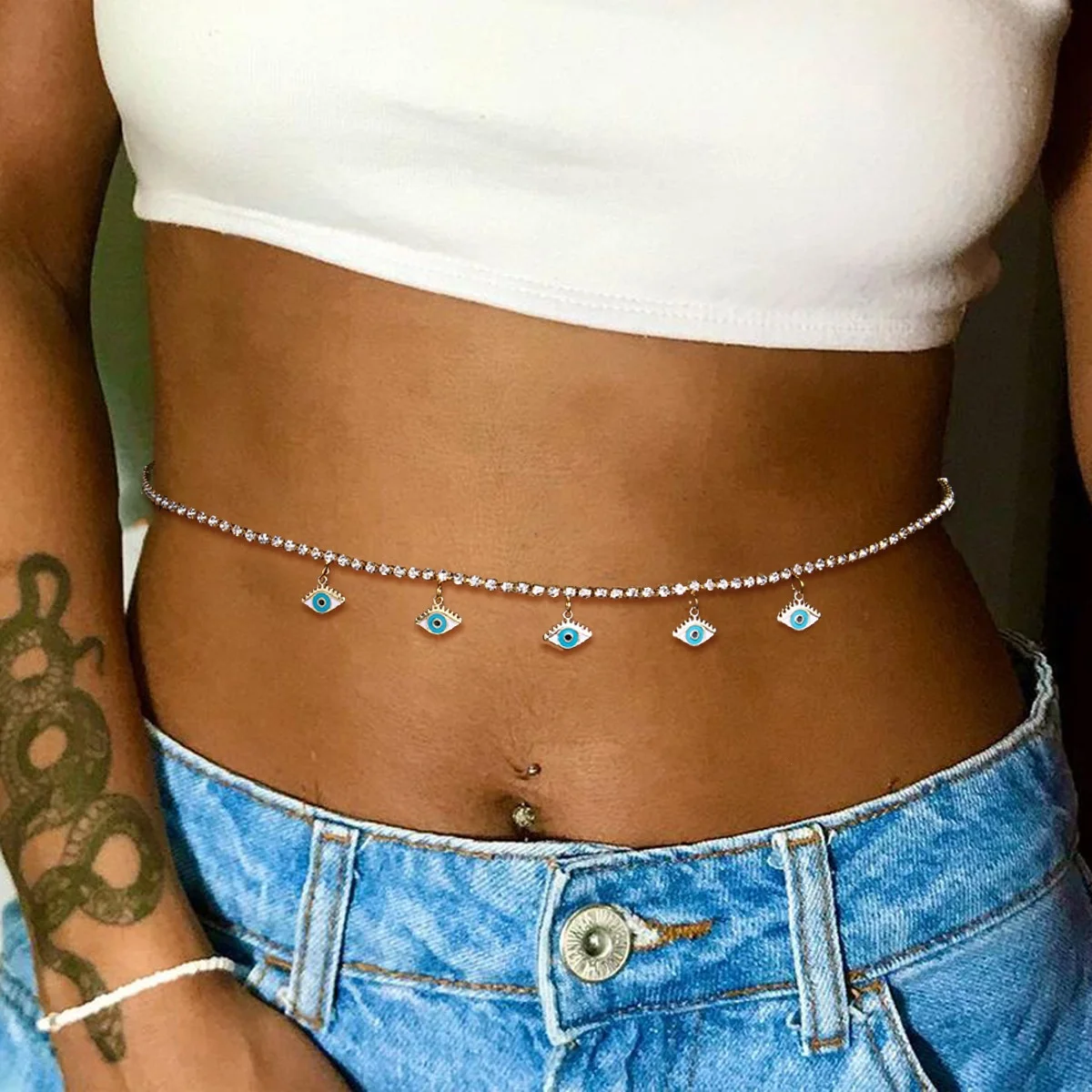 

Adjustable crystal diamond body chain jewelry blue evil eyes charm African Ghana women beach sexy belly gold waist chain, Colorful