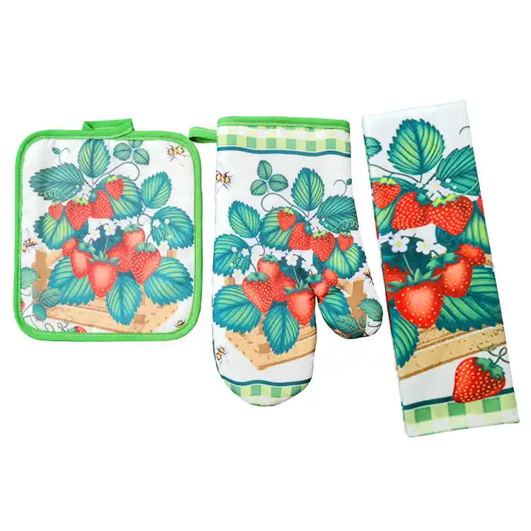

Strawberry pattern printed cotton pot holder custom oven mitt kitchen dish towel set