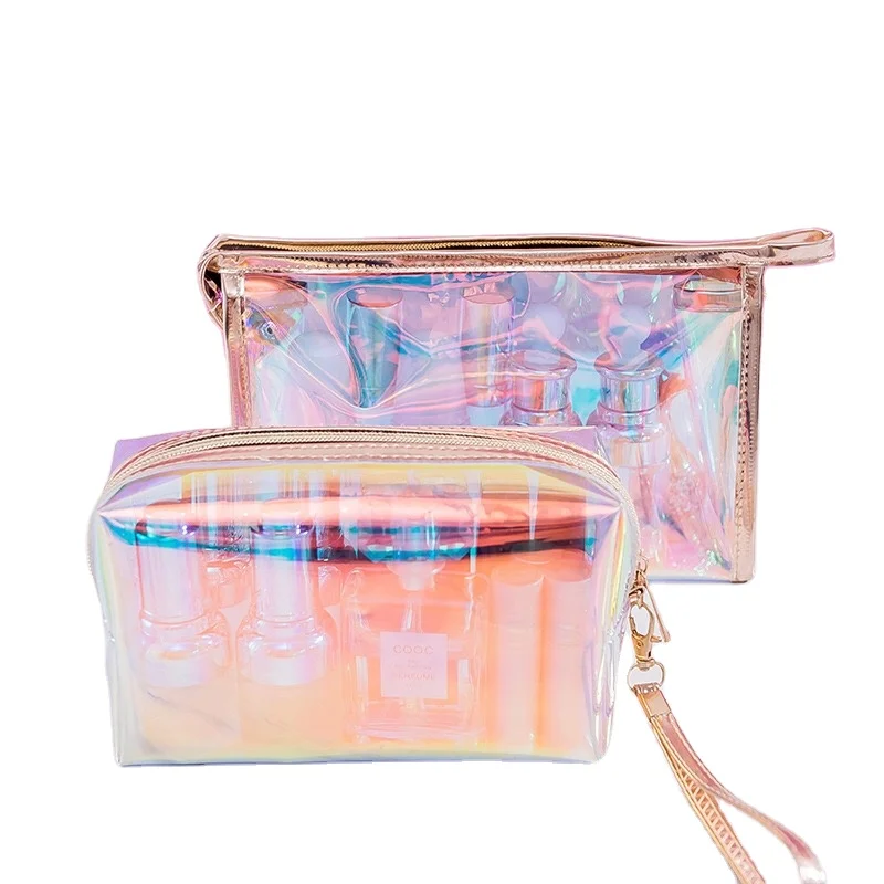 

Girls Rainbow Colorful Pink Gold Brush Laser Pvc Holographic Pouch Clutch Toiletries Travel Cosmetic Bags Custom Makeup Bag, Holographic cosmetic bag