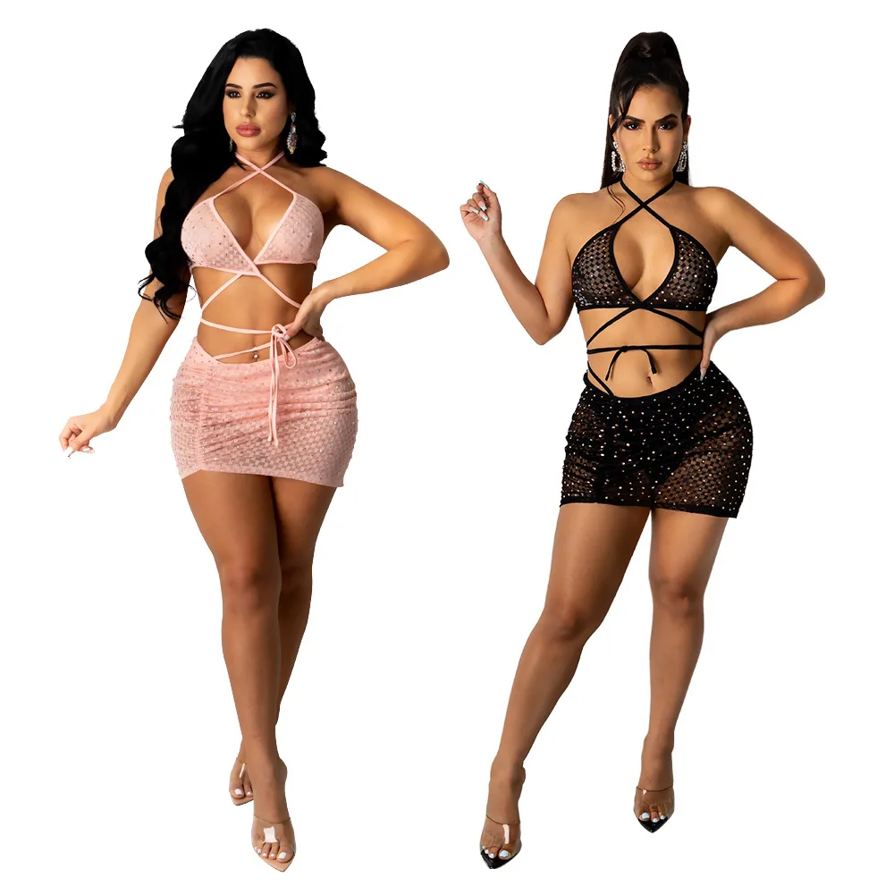

New Arrivals 2021 Night Club backless Women Summer Sexy see thought Bandage 2 Piece mini dresses Sequin Mesh Skirt Set
