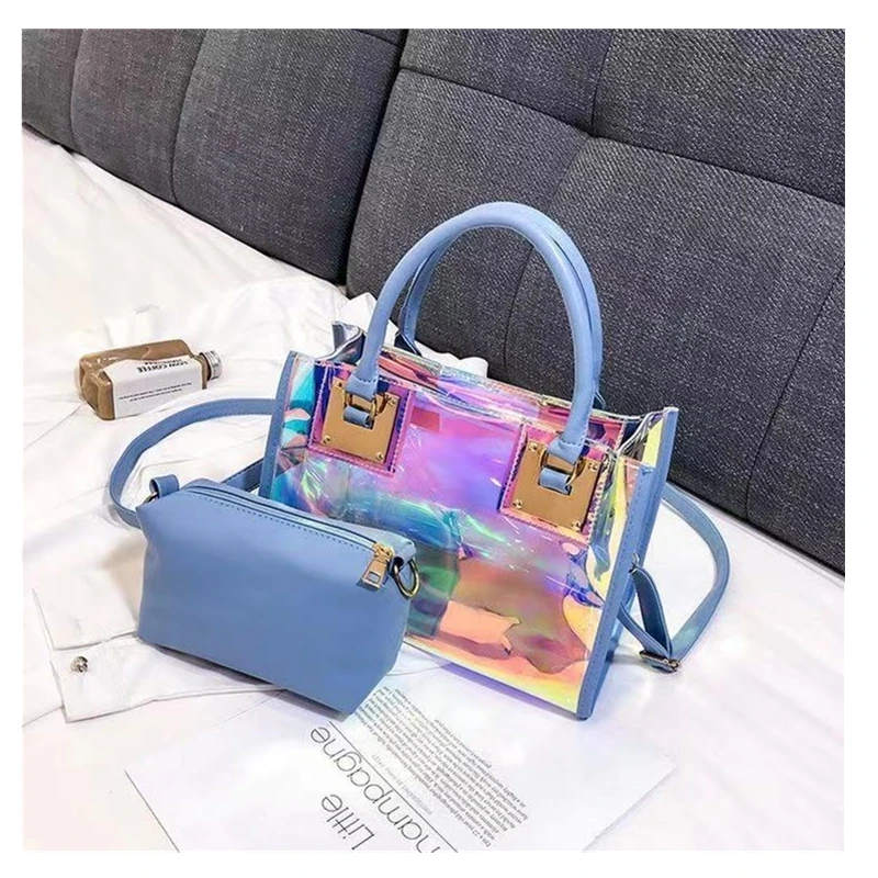 

2021 Waterproof Pvc Clear Bag Women Handbags With Cosmetic Bags Transparent Shoulder Jelly Purse Set, As the picture shown