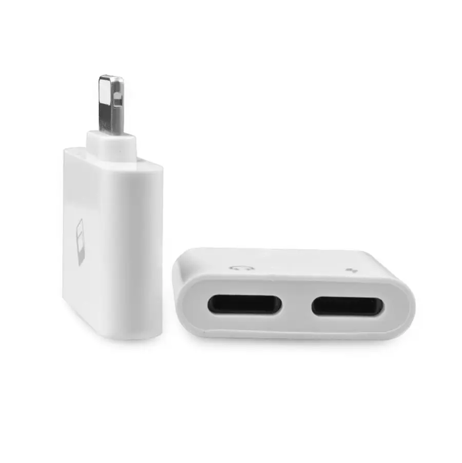 

Hot selling 2 in 1 Headphone audio adapter for 7 8 x xr xs Double Port 8 Pin headphone metal charger adapter, White