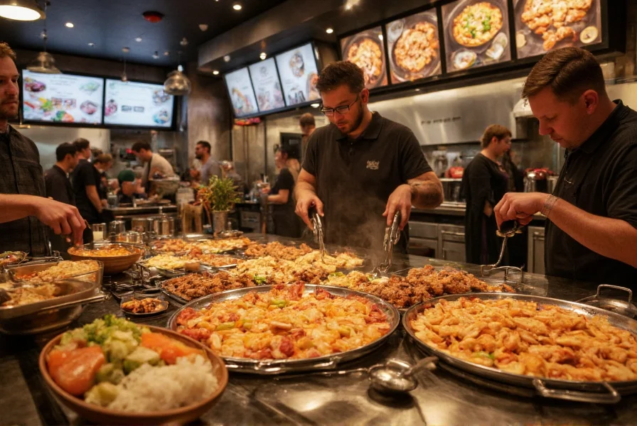 Pepper Lunch restaurant interior showing customers interacting with sizzling hot plate meals