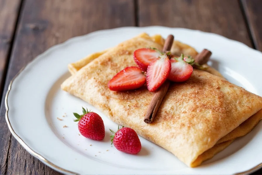 Cinnamon crepes with powdered sugar and a side of fruit