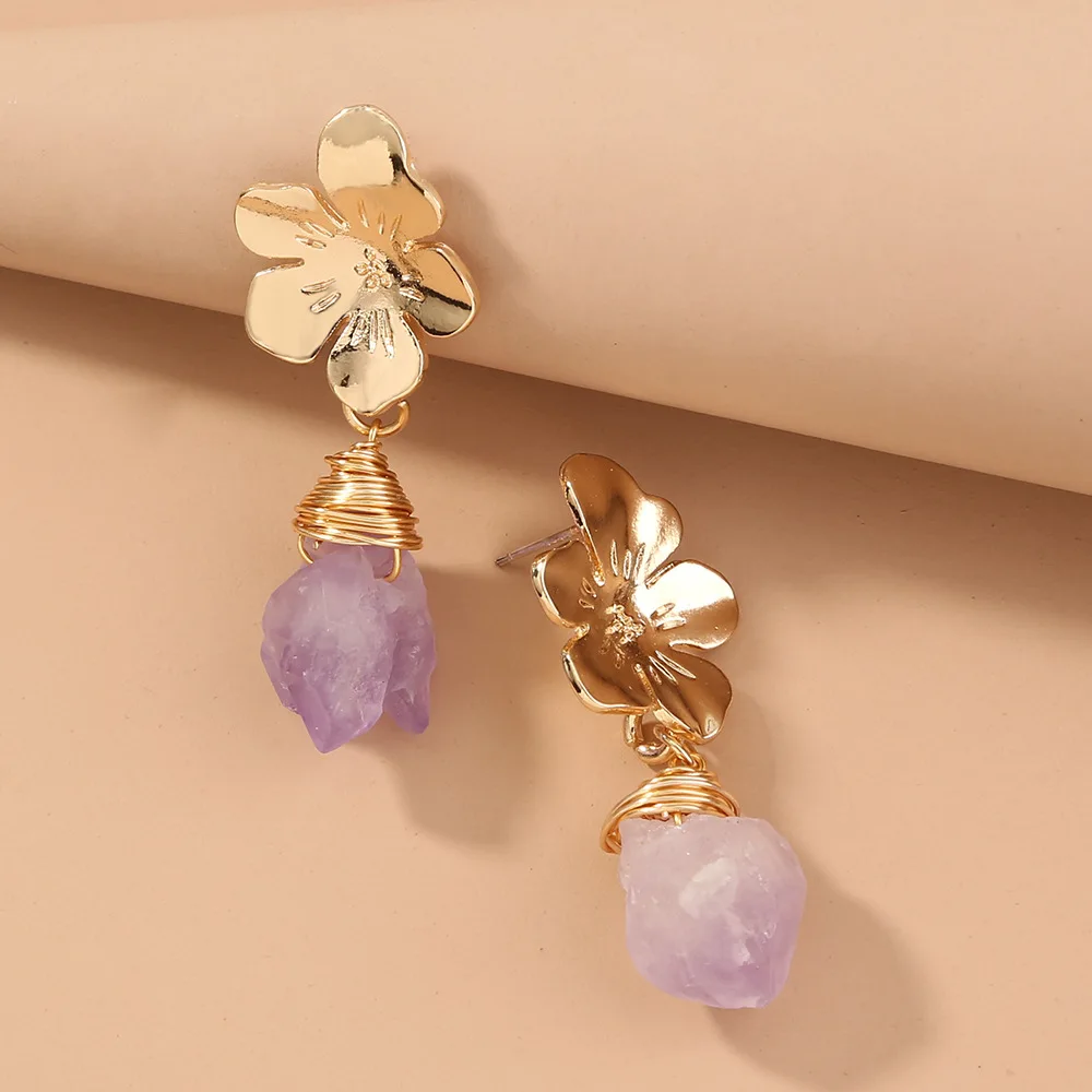 

Simple Gold Plated Flower Stud Earrings Natural Druzy Stone Drop Earring For Club Party