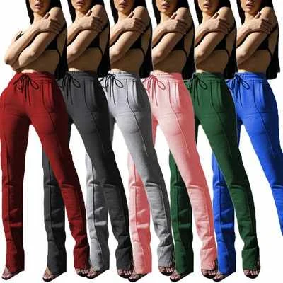 

Fashion solid color mid waist drawstring fleece jogger with splits thick sweatpants women, White, yellow, gray, green, black, pink, blue