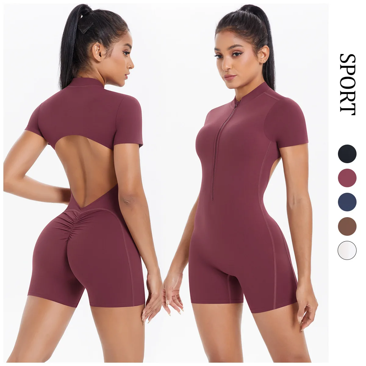 Half Zip Yoga Bodysuit Scrunch Butt Detail