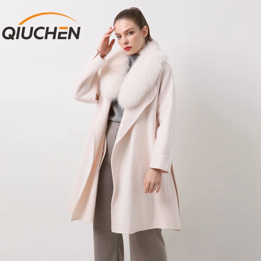 

QIUCHEN QC20069 New Arrival Hot Sale Women Winter Wool Coat With Real Fox Fur Collar, More colors