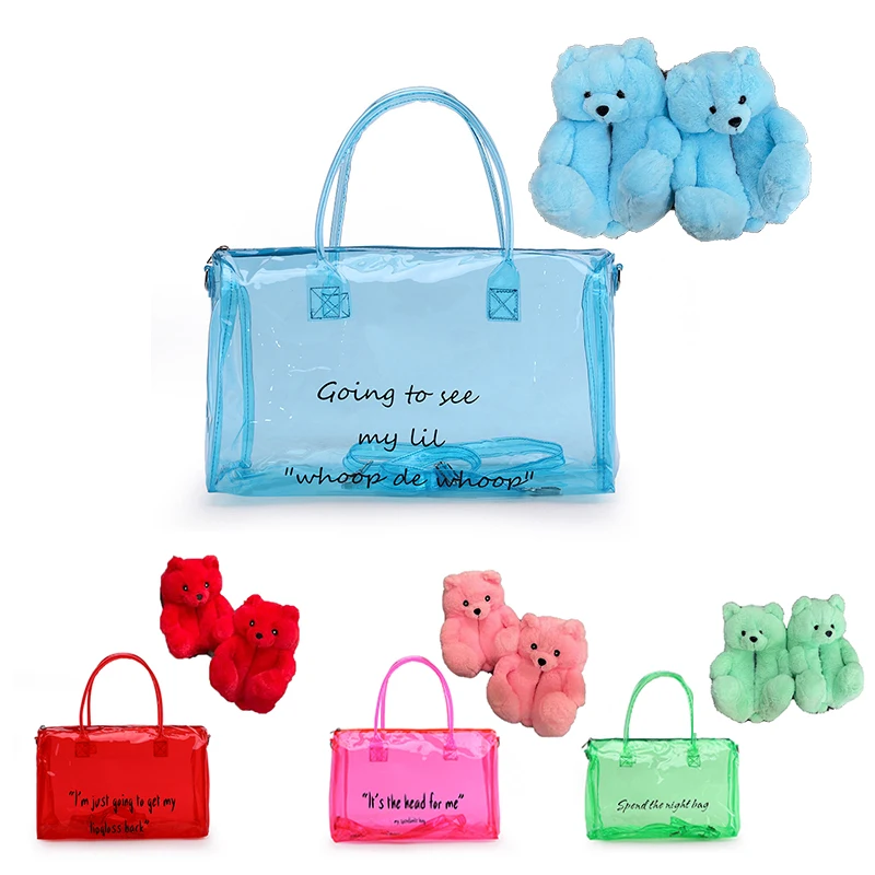 

Hot Selling Travel Custom Clear Pvc Spend The Night Bag Pink Gym Duffle Sports Bag Overnight Bag And Teddy Bear Slippers Set