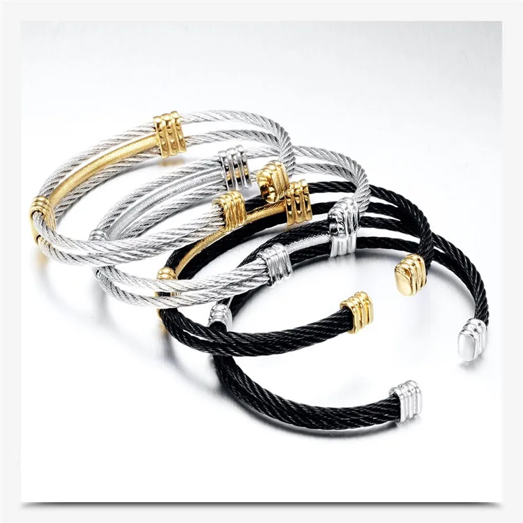 

New Design Stainless Steel Custom Woven Black Open Bangle Bracelet for Women Men