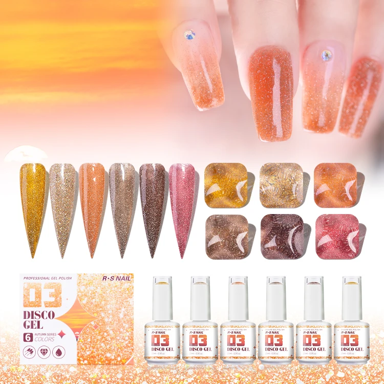 

RS Nail New uv gel polish kit 2022 hot sale full set reflective glitter gel polish diamond disco nail gel 6*15ml