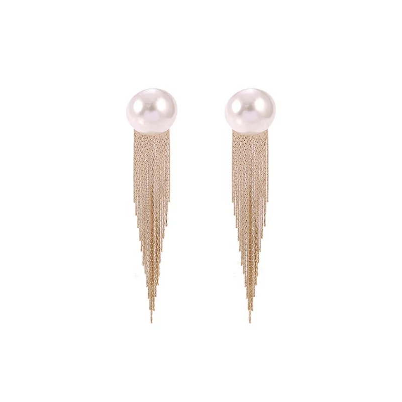 

Imitation Round Pearl Long Earrings Baroque Style Metal Tassel Thin Chain Symmetrical Gold Color Earrings Women Jewelry Party