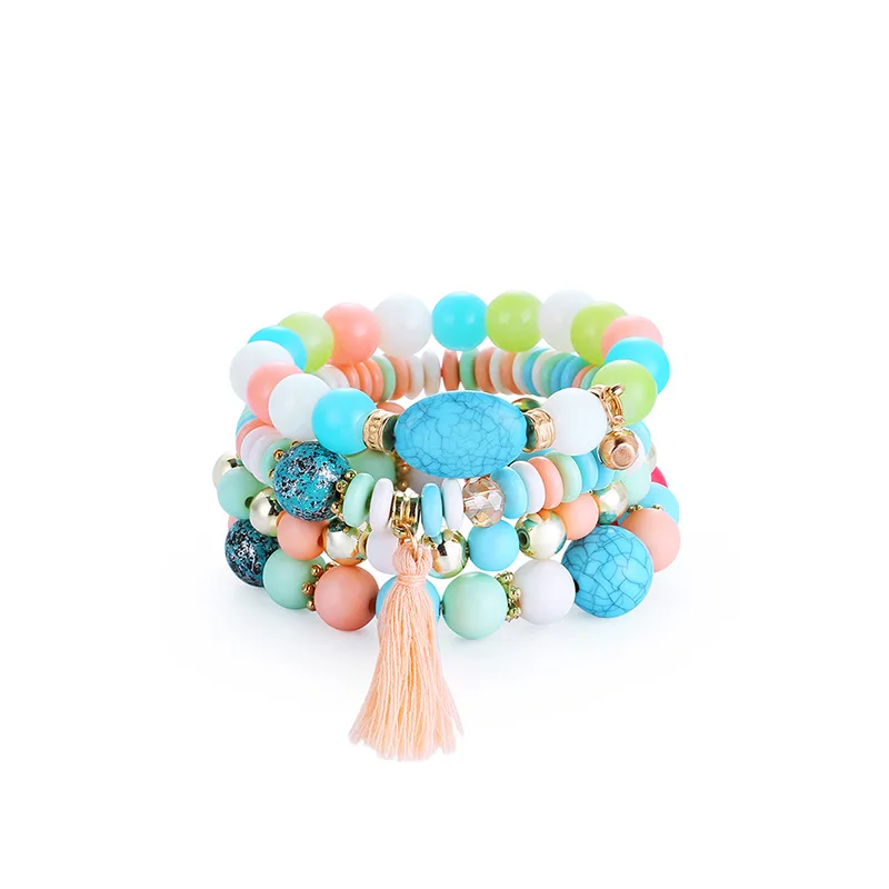 

Bohemian Summer Beach Colorful Multilayer Beads Hand Jewelry Ethnic Tassel Indian Turquoise Stone Stackable Bead Bracelet, As picture