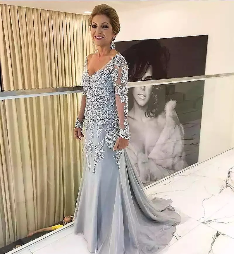 

Elegant Blue Silver Mother of the Bride Dresses Long Sleeves 2021 V Neck Godmother Evening Dresses Wedding Party Guest Gowns New, Picture