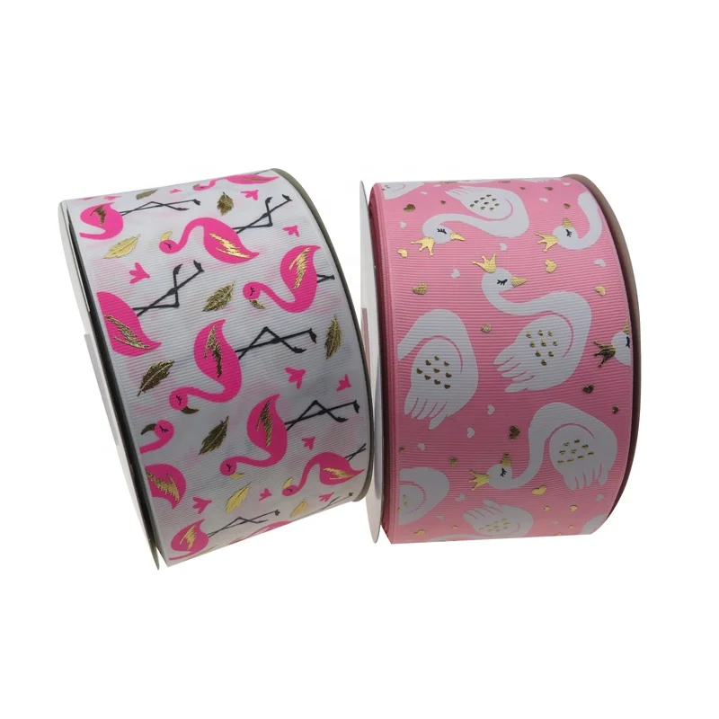 

3 inch 75mm pink flamingo printed hologram grosgrain ribbon for hand made hair jojo bows decoration ribbon accept custom order, 196 color to choose