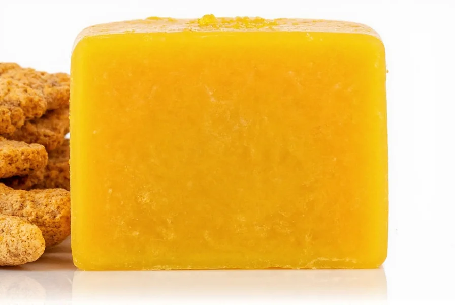 Turmeric bar soap on wooden soap dish with fresh turmeric root