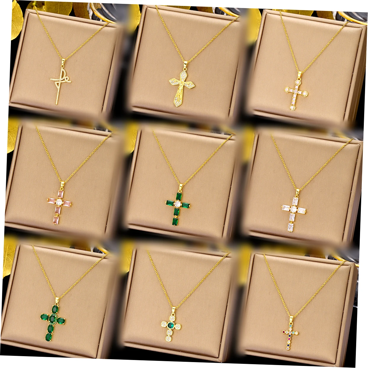 Luxury Vintage 18K Gold Stainless Steel Chain Zircon Cross Pendant Necklace Women Shiny Cz Choker Necklace Jewelry For Gift