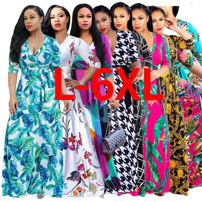 

Wholesale Autumn Sexy V-Neck Plus Size Women Clothing Casual Maxi printing Plus Size Dress