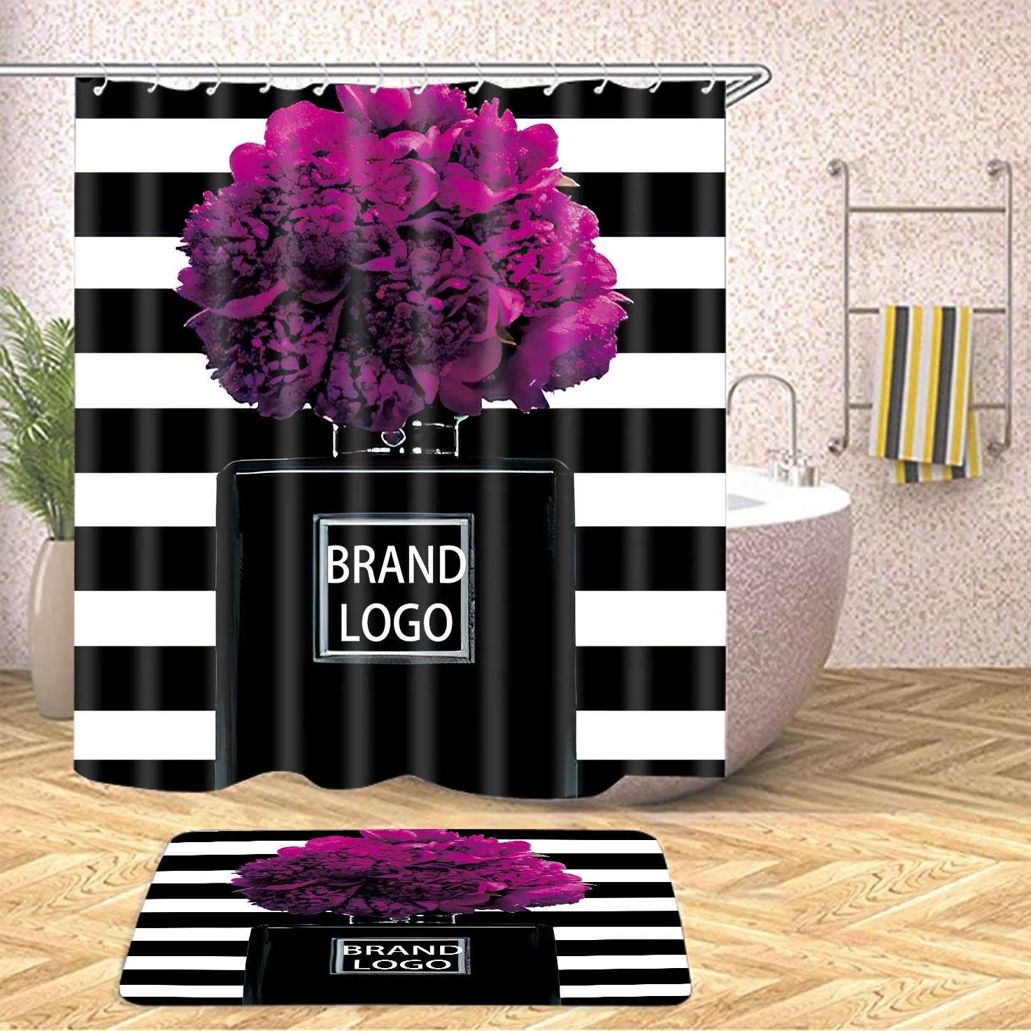 

4pcs Luxury Fashion Brand Logo 3d Customer Print Shower Curtain Custom Logo Bathroom Set for Bathroom with Hooks, Custom colors
