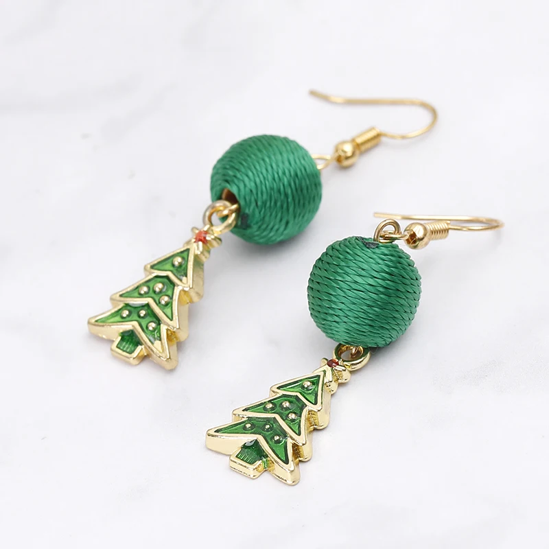 

Rhinestone Green Christmas Tree Yarn Ball Drop Dangle Earrings for Teens Girls Cute Festive
