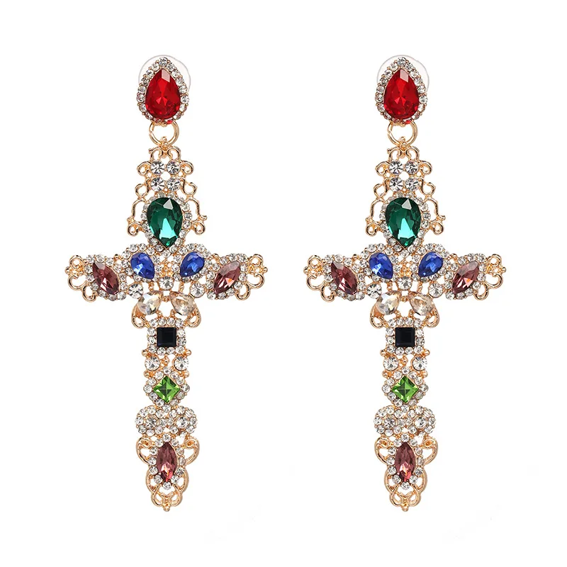 

Women Baroque Crystal Rhinestone Chandelier Earrings Chunky Jewelry Exaggerated Big Oversized Cross Earring, Gold/silver