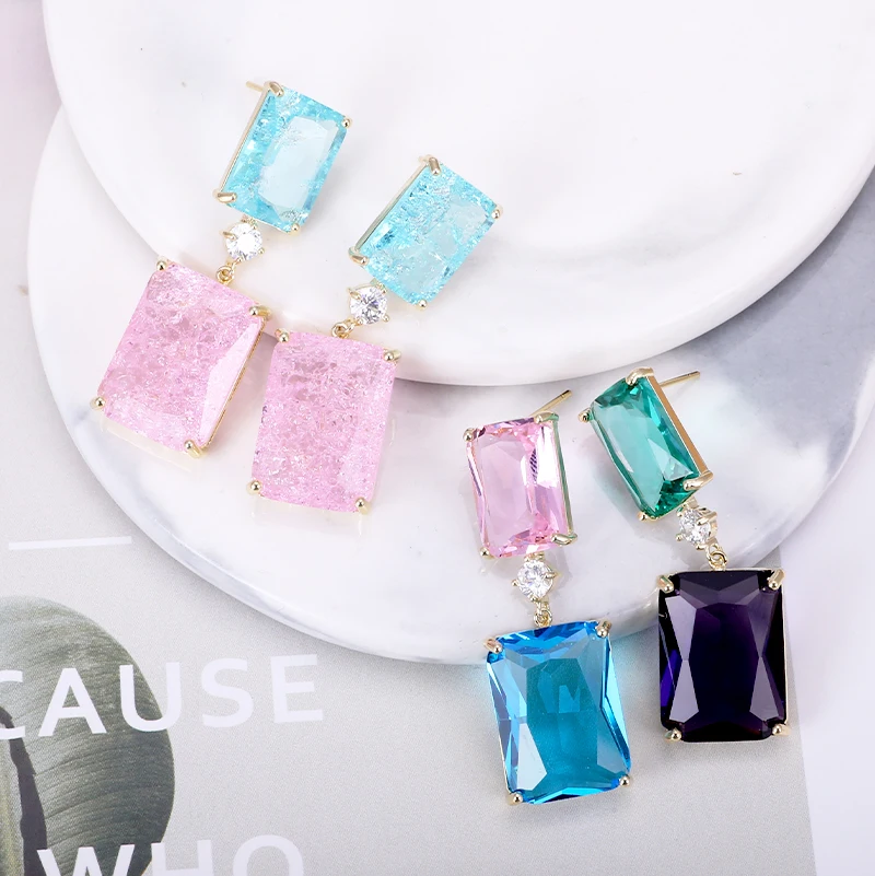 

Large Square Ice Stone Earrings Luxury Water Drop Shape CZ Stone Handmade Fashion Female Wedding Earring