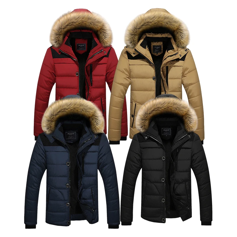 

Winter Mens Cotton Coat Fur Collar Hooded Velvet Thick Cotton Jacket, Customized color