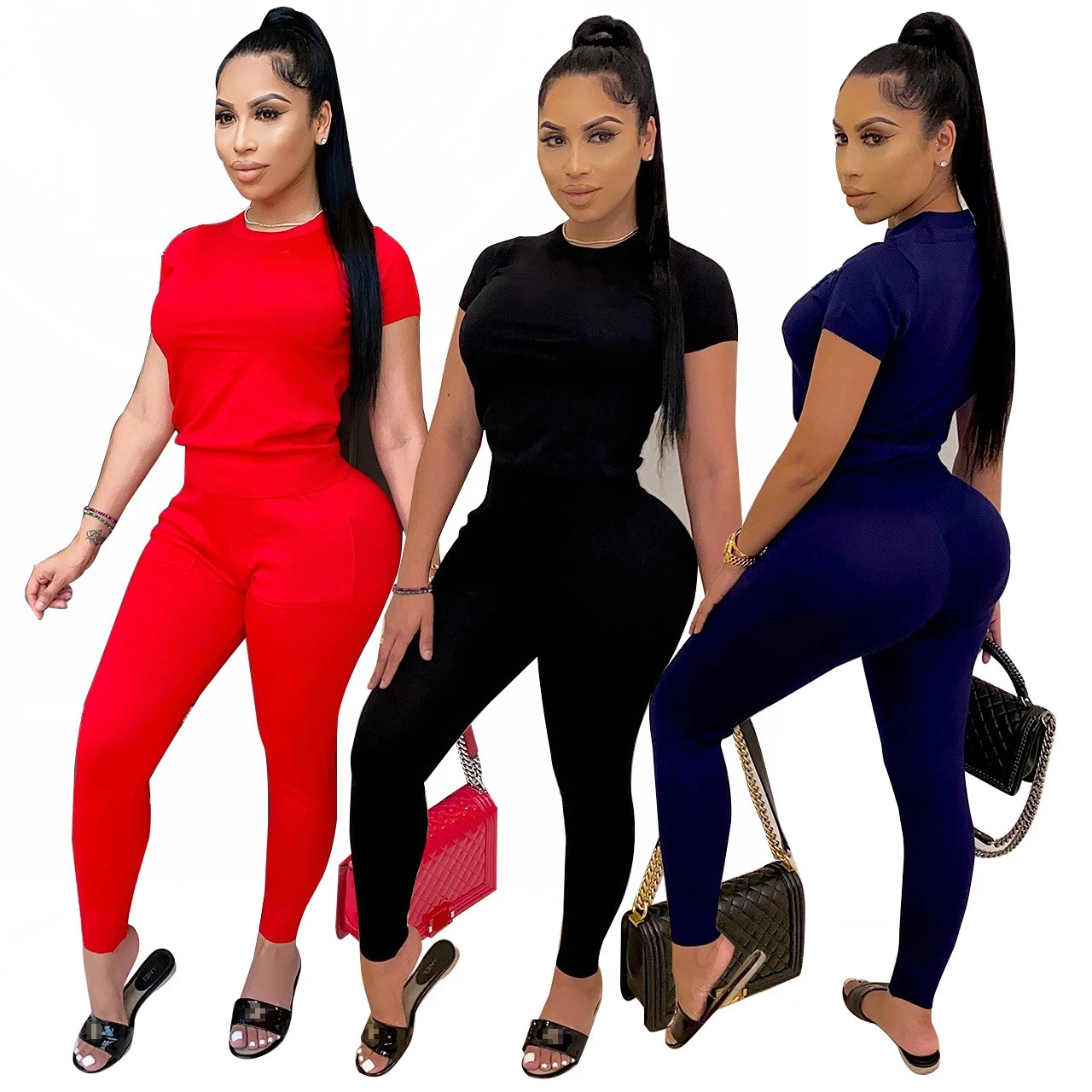 

Plus size women's solid color round neck T-shirt versatile casual two-piece suit